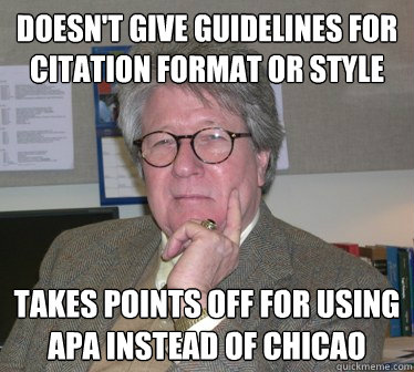 Doesn't give guidelines for citation format or style Takes points off for using APA instead of CHICAO - Doesn't give guidelines for citation format or style Takes points off for using APA instead of CHICAO  Humanities Professor