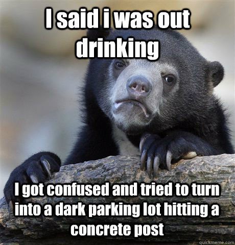 I said i was out drinking I got confused and tried to turn into a dark parking lot hitting a concrete post  - I said i was out drinking I got confused and tried to turn into a dark parking lot hitting a concrete post   Confession Bear