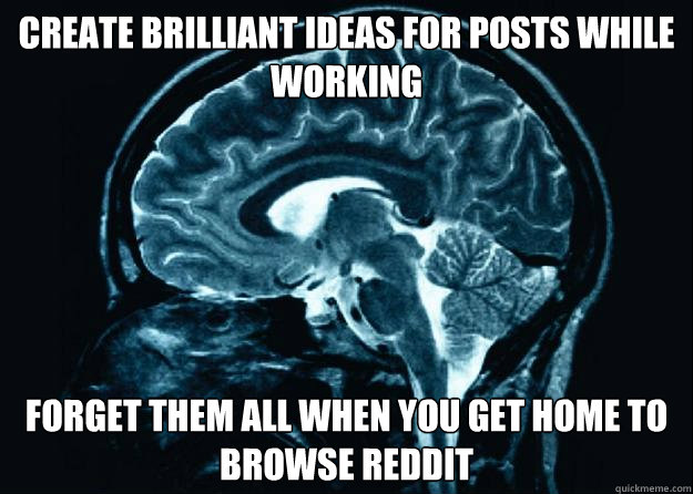 Create brilliant ideas for posts while working Forget them all when you get home to browse reddit  Scumbag Brain