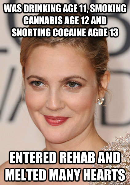 Was drinking age 11, smoking cannabis age 12 and snorting cocaine agde 13 Entered rehab and melted many hearts  Drew Barrymore