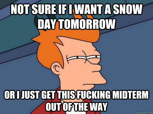 Not sure if I want a snow day tomorrow Or I just get this fucking midterm out of the way  Futurama Fry