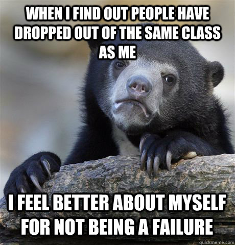 WHEN I FIND OUT PEOPLE HAVE DROPPED OUT OF THE SAME CLASS AS ME I FEEL BETTER ABOUT MYSELF FOR NOT BEING A FAILURE - WHEN I FIND OUT PEOPLE HAVE DROPPED OUT OF THE SAME CLASS AS ME I FEEL BETTER ABOUT MYSELF FOR NOT BEING A FAILURE  Confession Bear