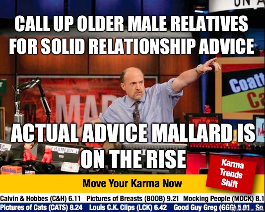 Call up older male relatives for solid relationship advice Actual advice mallard is on the rise  Mad Karma with Jim Cramer