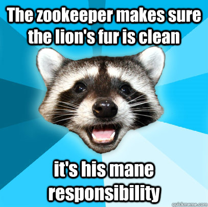 The zookeeper makes sure the lion's fur is clean it's his mane responsibility  Lame Pun Coon