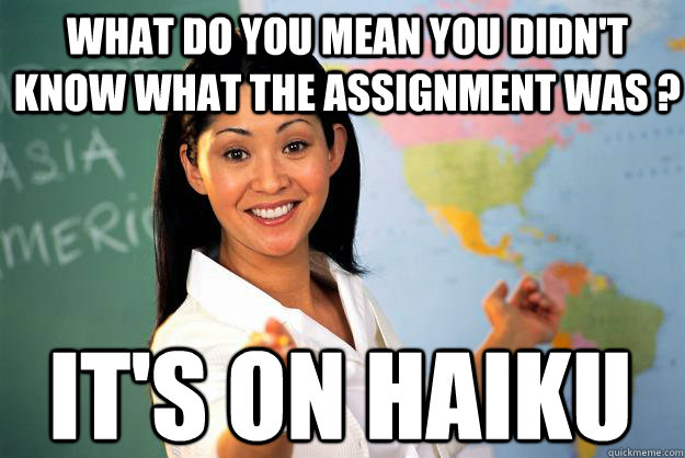 What do you mean you didn't know what the assignment was ? It's on Haiku  Unhelpful High School Teacher