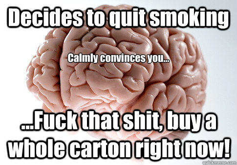 Decides to quit smoking ...Fuck that shit, buy a whole carton right now! Calmly convinces you...  Scumbag Brain