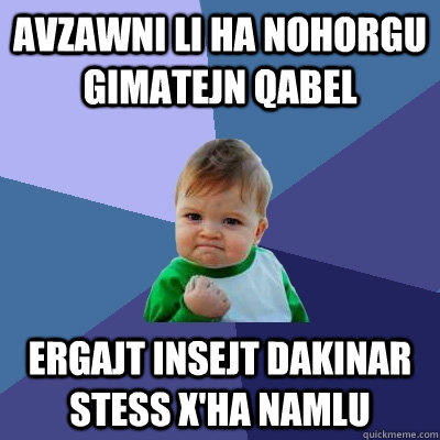 Avzawni li ha nohorgu gimatejn qabel ergajt insejt dakinar stess x'ha namlu  Success Kid