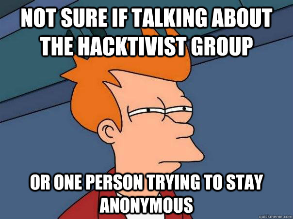 Not sure if talking about the hacktivist group or one person trying to stay anonymous - Not sure if talking about the hacktivist group or one person trying to stay anonymous  Futurama Fry