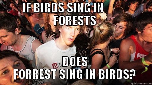 IF BIRDS SING IN           FORESTS DOES FORREST SING IN BIRDS? Sudden Clarity Clarence