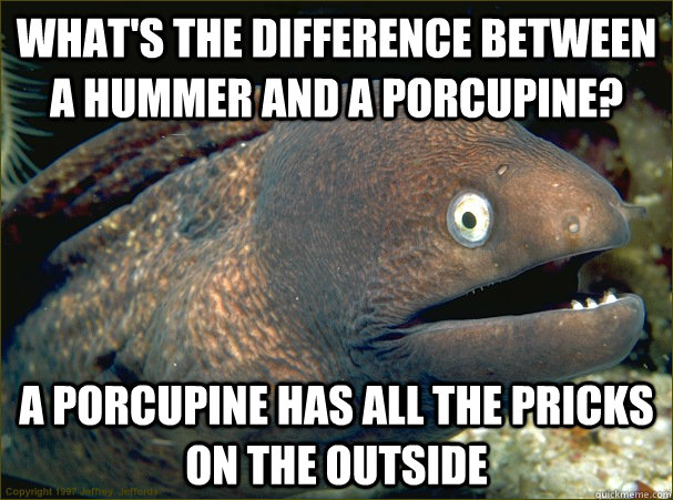 What's the difference between a hummer and a porcupine? a porcupine has all the pricks on the outside - What's the difference between a hummer and a porcupine? a porcupine has all the pricks on the outside  Bad Joke Eel