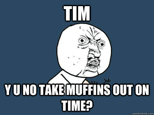 TIM Y U NO TAKE MUFFINS OUT ON TIME?  Y U No