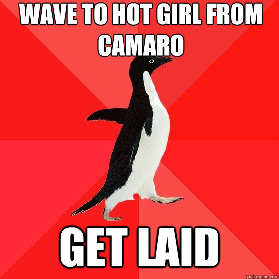 wave to hot girl from camaro get laid  Socially Awesome Penguin