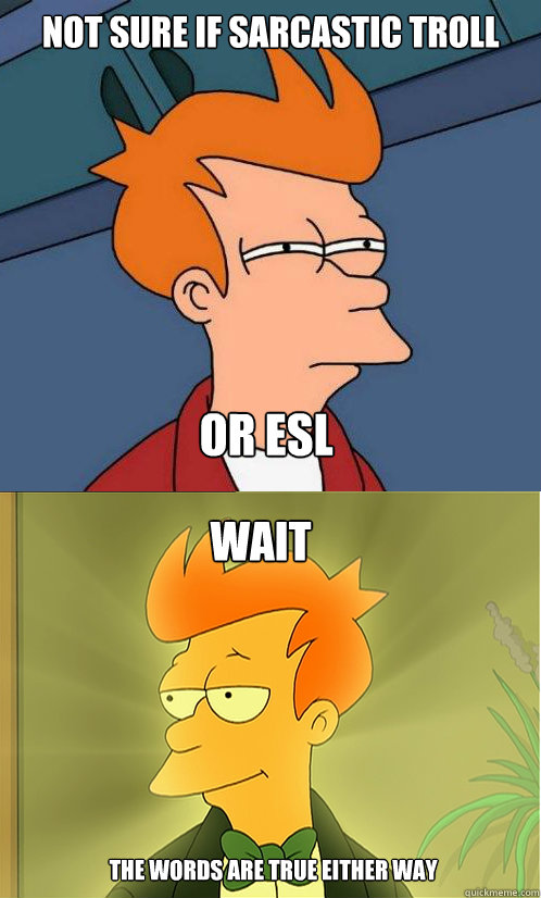 not sure if sarcastic troll or ESL wait The words are true either way - not sure if sarcastic troll or ESL wait The words are true either way  Enlightened Fry