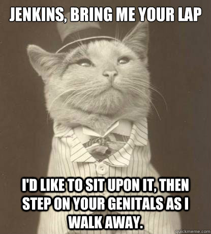 Jenkins, bring me your lap I'd like to sit upon it, then step on your genitals as I walk away.  Aristocat