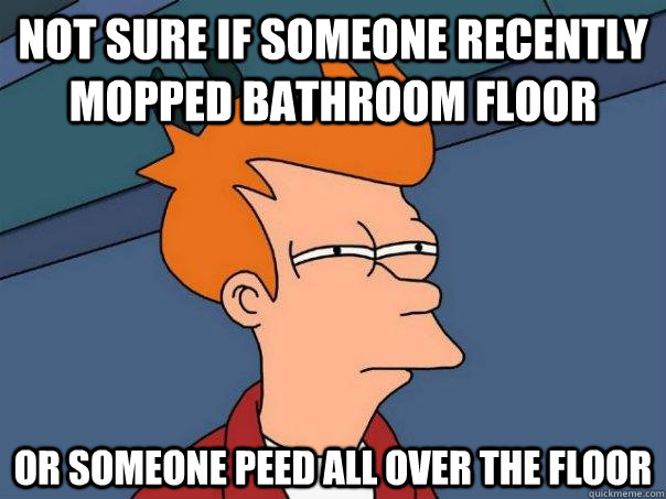 Not sure if someone recently mopped bathroom floor or someone peed all over the floor  Futurama Fry