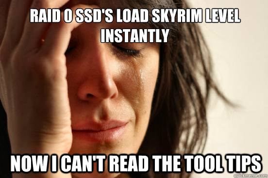 RAID 0 SSD's load skyrim level instantly  now I can't read the tool tips - RAID 0 SSD's load skyrim level instantly  now I can't read the tool tips  First World Problems