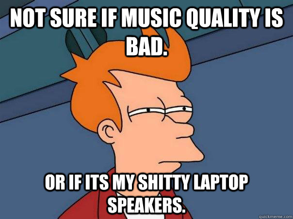 Not sure if music quality is bad. Or if its my shitty laptop speakers.  Futurama Fry