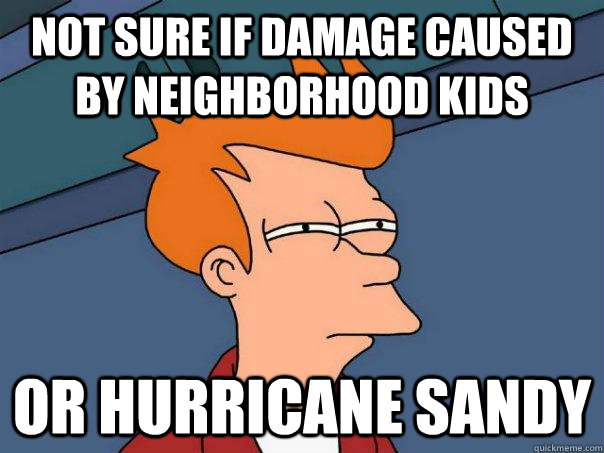 Not sure if damage caused by neighborhood kids Or Hurricane Sandy  Futurama Fry