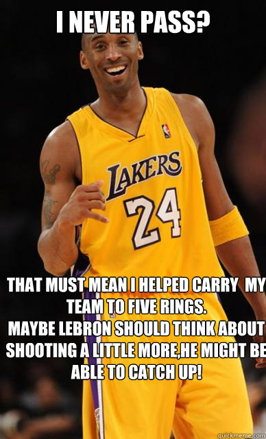 I never pass? That must mean I HELPED carrY  my team TO five rings.
MAYBE LEBRON SHOULD THINK ABOUT SHOOTING A LITTLE MORE,HE MIGHT BE ABLE TO CATCH UP!  Kobe Bryant meme