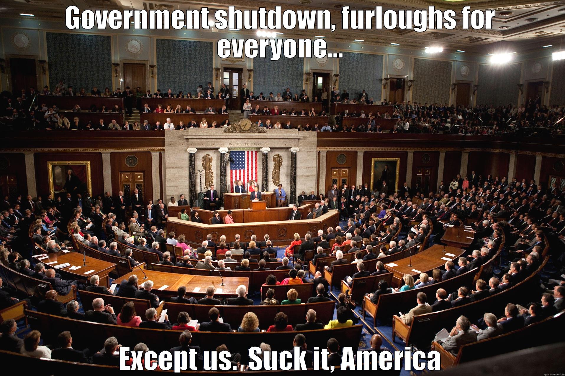 GOVERNMENT SHUTDOWN, FURLOUGHS FOR EVERYONE... EXCEPT US.  SUCK IT, AMERICA Misc