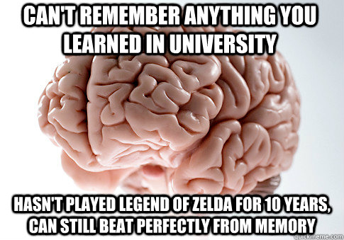 Can't remember anything you learned in university Hasn't played legend of zelda for 10 years, can still beat perfectly from memory  - Can't remember anything you learned in university Hasn't played legend of zelda for 10 years, can still beat perfectly from memory   Scumbag Brain