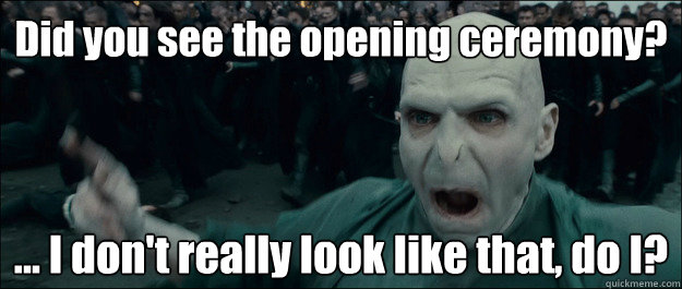 Did you see the opening ceremony? ... I don't really look like that, do I?  angry voldemort