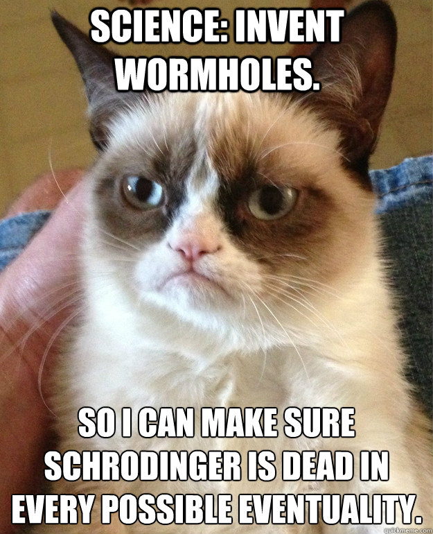 science: Invent wormholes. So I can make sure Schrodinger is dead in every possible eventuality.  Grumpy Cat