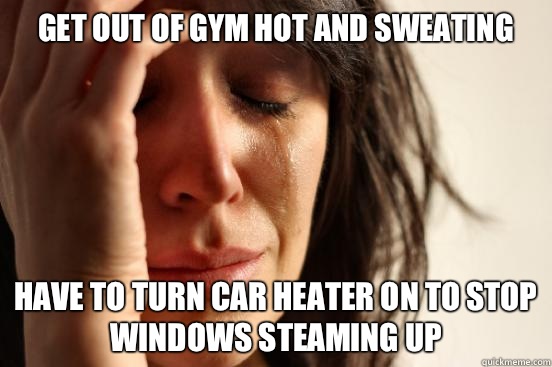 Get out of gym hot and sweating Have to turn car heater on to stop windows steaming up  First World Problems