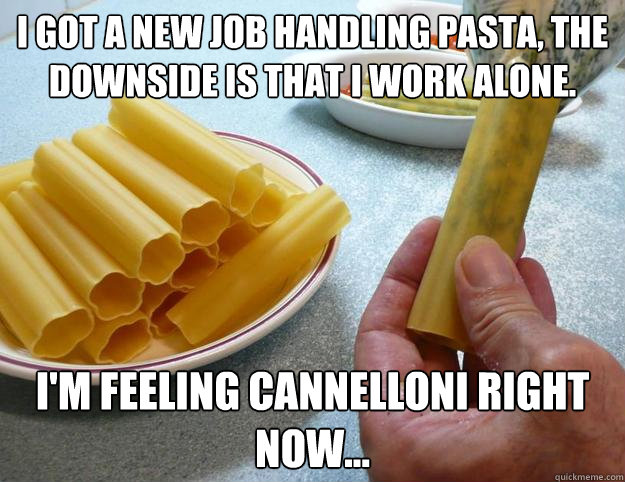 I GOT A NEW JOB HANDLING PASTA, THE DOWNSIDE IS THAT I WORK ALONE. I'M FEELING CANNELLONI RIGHT NOW...  Cannelloni Pun