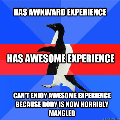 Has awkward experience Has Awesome Experience Can't enjoy awesome experience because body is now horribly mangled  Socially Confused Penguin