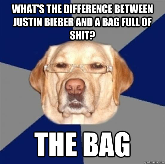 What's the difference between Justin Bieber and a bag full of shit? THE BAG  Racist Dog