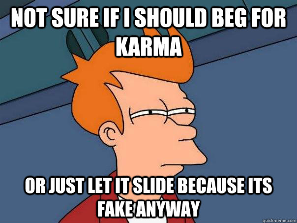 Not sure if I should beg for Karma Or just let it slide because its fake anyway - Not sure if I should beg for Karma Or just let it slide because its fake anyway  Futurama Fry