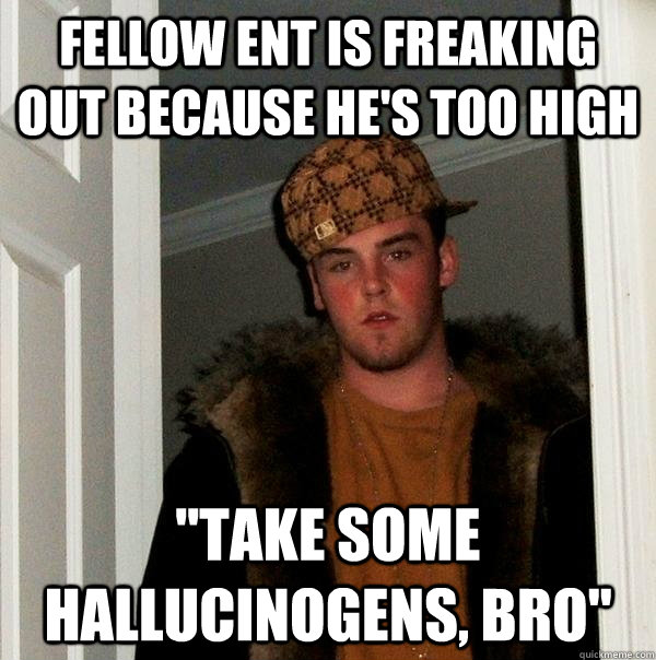 fellow ent is freaking out because he's too high ''Take some hallucinogens, bro'' - fellow ent is freaking out because he's too high ''Take some hallucinogens, bro''  Scumbag Steve