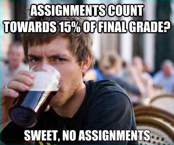 assignments count towards 15% of final grade? Sweet, no assignments  - assignments count towards 15% of final grade? Sweet, no assignments   Lazy College Senior