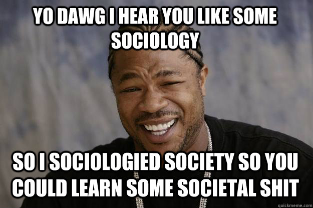 YO DAWG I HEAR YOU Like some sociology so i sociologied society so you could learn some societal shit - YO DAWG I HEAR YOU Like some sociology so i sociologied society so you could learn some societal shit  Xzibit meme