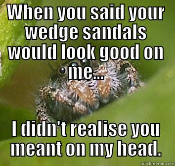 WHEN YOU SAID YOUR WEDGE SANDALS WOULD LOOK GOOD ON ME... I DIDN'T REALISE YOU MEANT ON MY HEAD. Misunderstood Spider