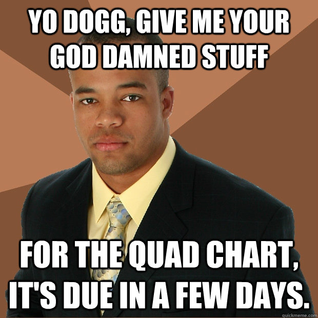 Yo dogg, give me your god damned stuff for the quad chart, it's due in a few days.  Successful Black Man