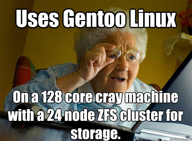 Uses Gentoo Linux On a 128 core cray machine with a 24 node ZFS cluster for storage.   - Uses Gentoo Linux On a 128 core cray machine with a 24 node ZFS cluster for storage.    Grandma finds the Internet