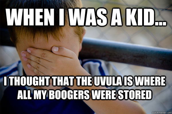 WHEN I WAS A KID... I THOUGHT THAT THE UVULA IS WHERE ALL MY BOOGERS WERE STORED - WHEN I WAS A KID... I THOUGHT THAT THE UVULA IS WHERE ALL MY BOOGERS WERE STORED  Confession kid