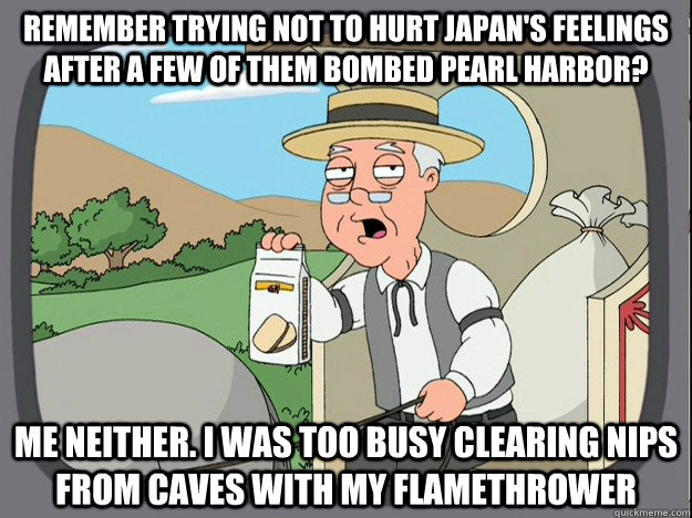 remember trying not to hurt japan's feelings after a few of them bombed pearl harbor? Me neither. I was too busy clearing nips from caves with my flamethrower  Pepperidge Farm Remembers