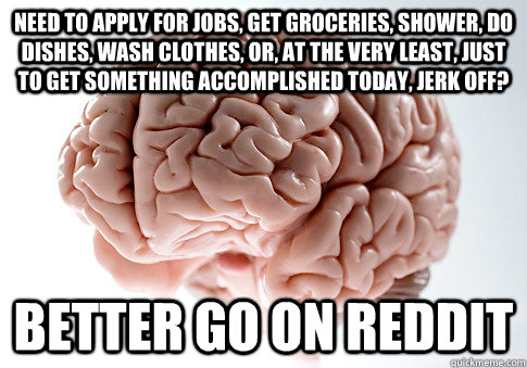 Need to apply for jobs, get groceries, shower, do dishes, wash clothes, or, at the very least, just to get something accomplished today, jerk off? Better go on reddit  Scumbag Brain