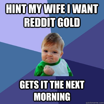 Hint my wife I want reddit gold gets it the next morning  Success Kid