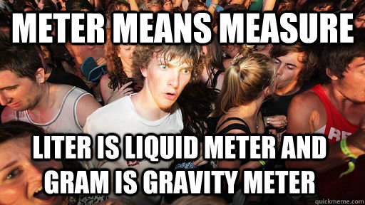 Meter means measure Liter is liquid meter and gram is gravity meter  Sudden Clarity Clarence