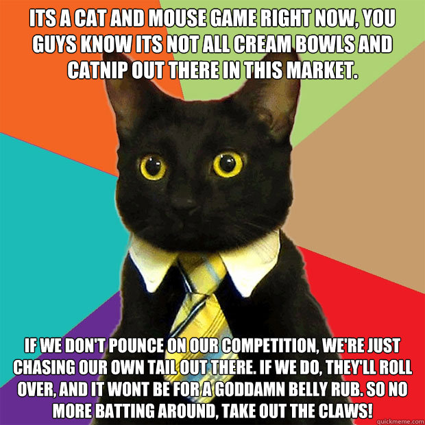 its a cat and mouse game right now, you guys know its not all cream bowls and catnip out there in this market. if we don't pounce on our competition, we're just chasing our own tail out there. if we do, they'll roll over, and it wont be for a goddamn bell  Business Cat