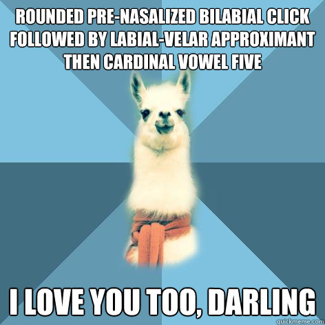 rounded pre-nasalized bilabial click followed by labial-velar approximant then cardinal vowel five I love you too, darling  Linguist Llama