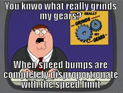 YOU KNWO WHAT REALLY GRINDS MY GEARS? WHEN SPEED BUMPS ARE COMPLETELY DISPROPORTIONATE WITH THE SPEED LIMIT Grinds my gears