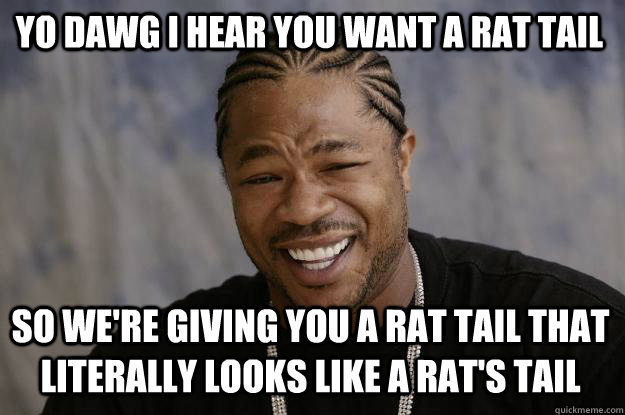 YO DAWG I HEAR YOU WANT A RAT TAIL SO WE'RE GIVING YOU A RAT TAIL THAT LITERALLY LOOKS LIKE A RAT'S TAIL  Xzibit meme