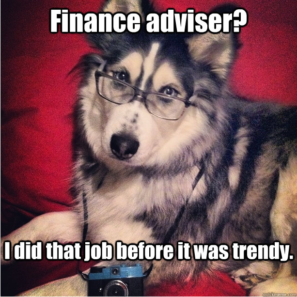 Finance adviser? I did that job before it was trendy.   Hipster Dog