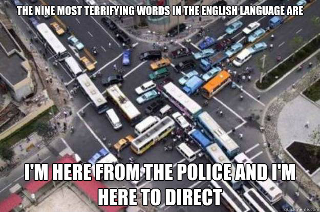 tHE NINE MOST TERRIFYING WORDS IN THE ENGLISH LANGUAGE ARE i'M HERE FROM THE pOLICE AND i'M HERE TO DIRECT  