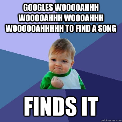 Googles wooooahhh wooooahhh woooahhh woooooahhhhh to find a song Finds it  Success Kid